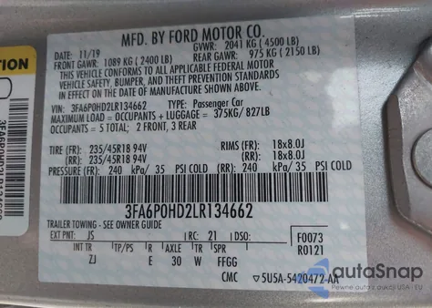 2020 Ford Fusion Se z USA, uszkodzony, nr VIN 3FA6P0HD2LR134662